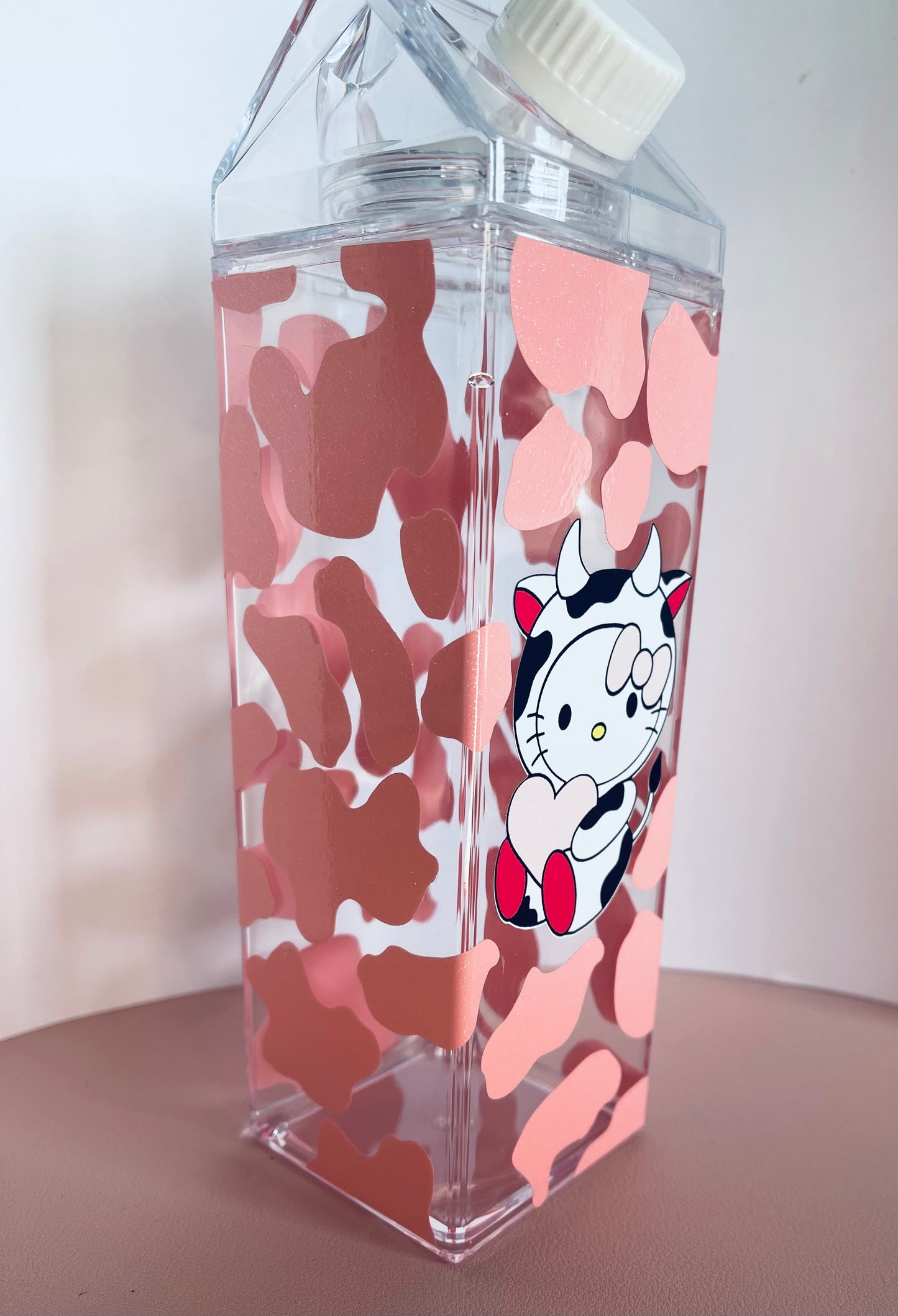Hello Kitty Pink Sparkly Cow Print Milk Carton Water Bottle