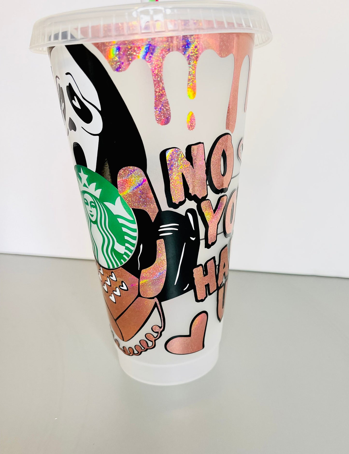 Ghostface Starbucks cold cup,  No You Hang Up , Scream Starbucks cup ,  Pink Ghostface cup.